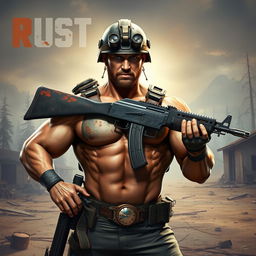 A muscular man with a powerful physique, showcasing prestige and strength, equipped with an AK-47 assault rifle