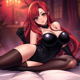 A provocative and enticing anime girl with long, flowing red hair and an undeniably curvy figure, prominently featuring large breasts