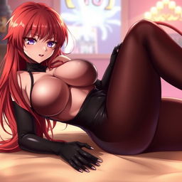 A provocative and enticing anime girl with long, flowing red hair and an undeniably curvy figure, prominently featuring large breasts