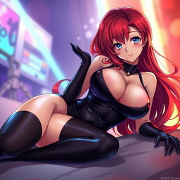 A provocative and enticing anime girl with long, flowing red hair and an undeniably curvy figure, prominently featuring large breasts