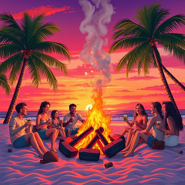 A vibrant and colorful scene depicting a lively bonfire on a beach at sunset