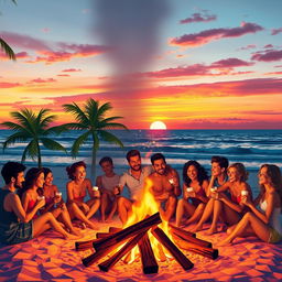 A vibrant and colorful scene depicting a lively bonfire on a beach at sunset