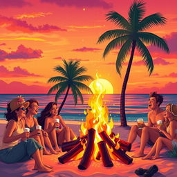 A vibrant and colorful scene depicting a lively bonfire on a beach at sunset