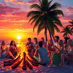 A vibrant and colorful scene depicting a lively bonfire on a beach at sunset