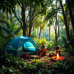 A serene scene of one person camping in a lush, vibrant jungle