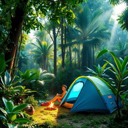 A serene scene of one person camping in a lush, vibrant jungle