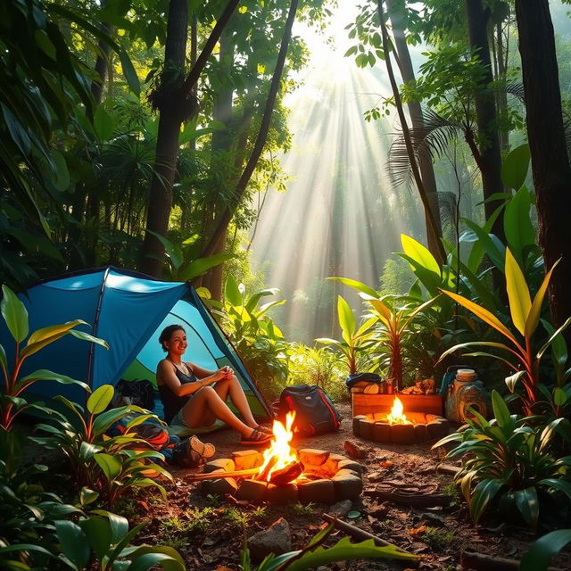 A serene scene of one person camping in a lush, vibrant jungle