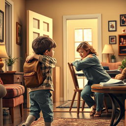 A touching scene depicting a young boy coming home from school looking sad after being bullied