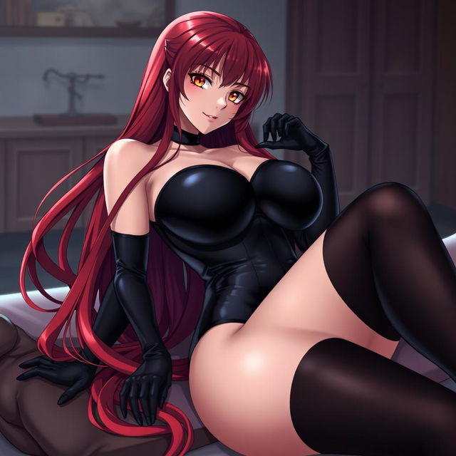 A seductive anime girl with long, flowing red hair and a voluptuous figure featuring large breasts