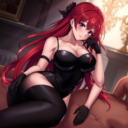 A seductive anime girl with long, flowing red hair and a voluptuous figure featuring large breasts