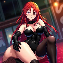 A captivating and seductive anime girl with lengthy, flowing red hair and a voluptuous figure featuring prominent large breasts