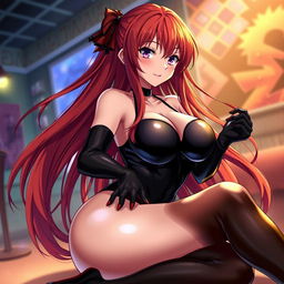 A captivating and seductive anime girl with lengthy, flowing red hair and a voluptuous figure featuring prominent large breasts