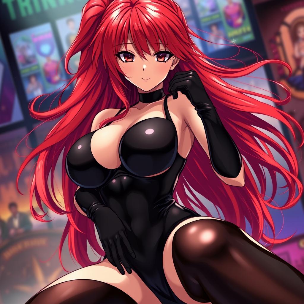 A captivating and seductive anime girl with lengthy, flowing red hair and a voluptuous figure featuring prominent large breasts
