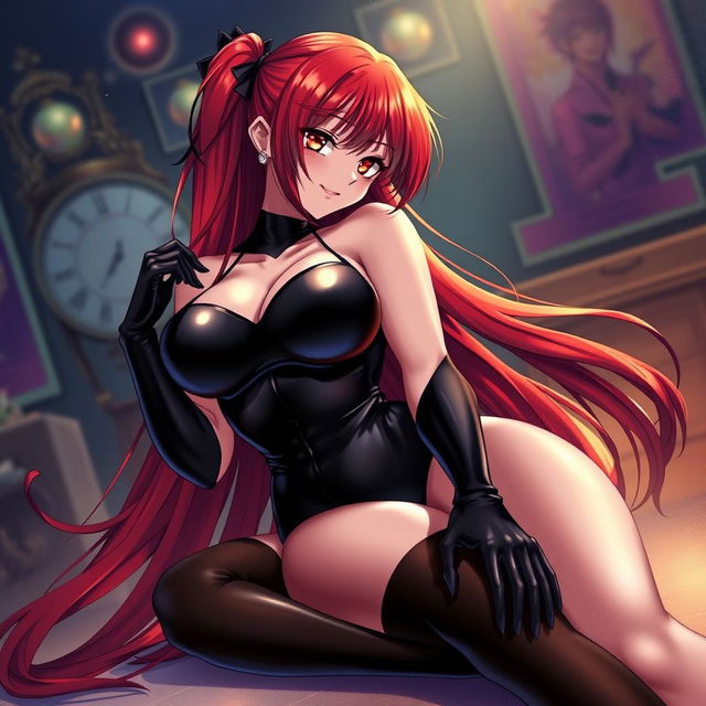 A captivating and seductive anime girl with lengthy, flowing red hair and a voluptuous figure featuring prominent large breasts