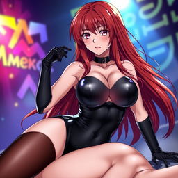 An alluring anime girl with long, luxurious red hair and a voluptuous figure, featuring prominently large breasts