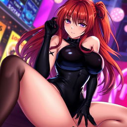 An alluring anime girl with long, luxurious red hair and a voluptuous figure, featuring prominently large breasts