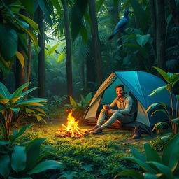 A serene scene of one person camping in a lush jungle, surrounded by vibrant green foliage and tropical plants