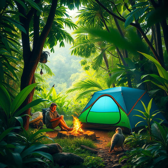 A serene scene of one person camping in a lush jungle, surrounded by vibrant green foliage and tropical plants