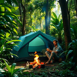 A serene scene of one person camping in a lush jungle, surrounded by vibrant green foliage and tropical plants