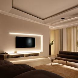 A luxurious living room TV backdrop featuring modern designs, ambient lighting and minimalist decor to create a cozy atmosphere.