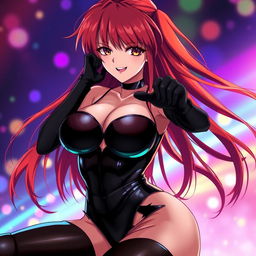 A strikingly sexy anime girl with long, flowing red hair and a voluptuous figure featuring prominently large breasts
