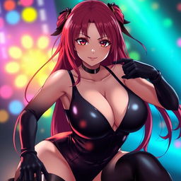 A strikingly sexy anime girl with long, flowing red hair and a voluptuous figure featuring prominently large breasts