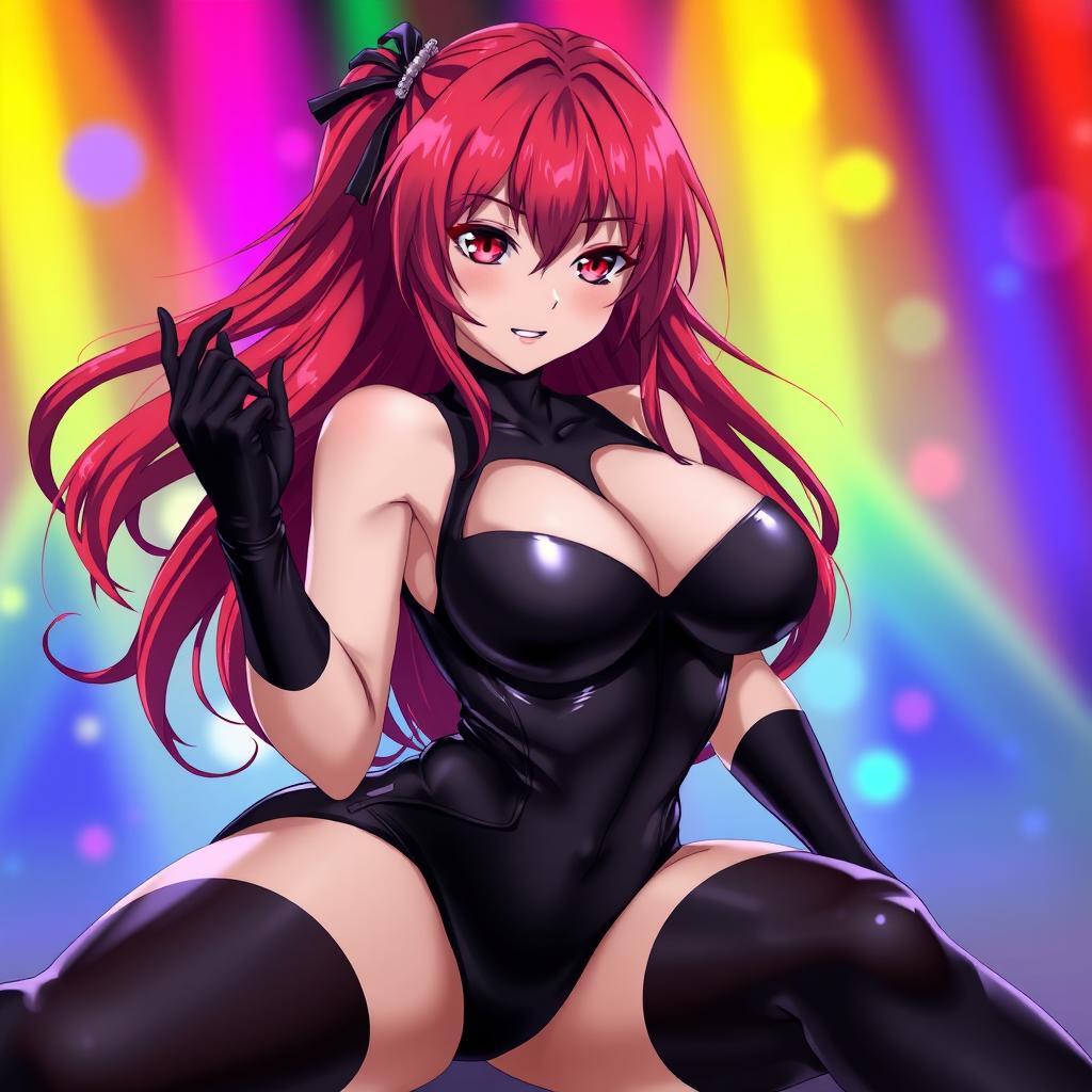 A strikingly sexy anime girl with long, flowing red hair and a voluptuous figure featuring prominently large breasts