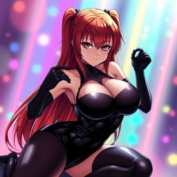 A strikingly sexy anime girl with long, flowing red hair and a voluptuous figure featuring prominently large breasts