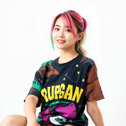 A beautiful Korean woman posing elegantly and attractively while wearing a colorful T-shirt with a hip-hop style