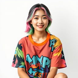 A beautiful Korean woman posing elegantly and attractively while wearing a colorful T-shirt with a hip-hop style