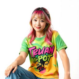 A beautiful Korean woman posing elegantly and attractively while wearing a colorful T-shirt with a hip-hop style