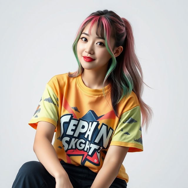 A beautiful Korean woman posing elegantly and attractively while wearing a colorful T-shirt with a hip-hop style