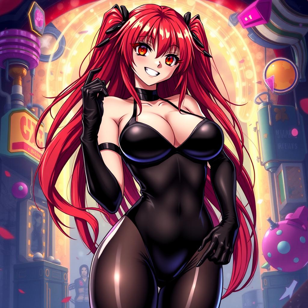 A stunningly sexy anime girl with long, vibrant red hair and an impressive figure featuring large breasts