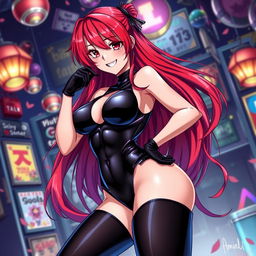 A stunningly sexy anime girl with long, vibrant red hair and an impressive figure featuring large breasts