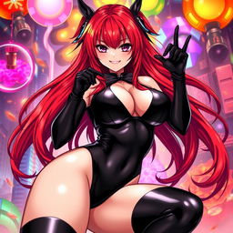 A stunningly sexy anime girl with long, vibrant red hair and an impressive figure featuring large breasts