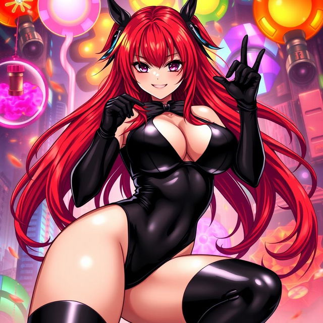 A stunningly sexy anime girl with long, vibrant red hair and an impressive figure featuring large breasts