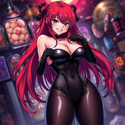 A stunningly sexy anime girl with long, vibrant red hair and an impressive figure featuring large breasts
