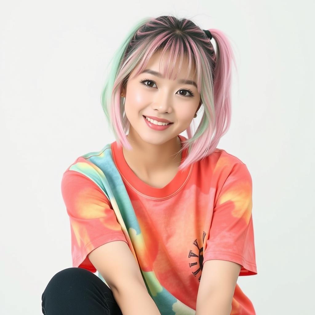 Beautiful Korean woman posing gracefully and attractively wearing a colorful t-shirt, with pink and green hair, styled in a hip-hop fashion, seated and facing the camera with a soft smile, set against a white background