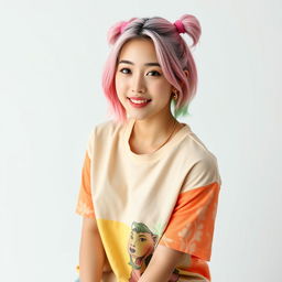 Beautiful Korean woman posing gracefully and attractively wearing a colorful t-shirt, with pink and green hair, styled in a hip-hop fashion, seated and facing the camera with a soft smile, set against a white background