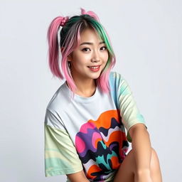 Beautiful Korean woman posing gracefully and attractively wearing a colorful t-shirt, with pink and green hair, styled in a hip-hop fashion, seated and facing the camera with a soft smile, set against a white background