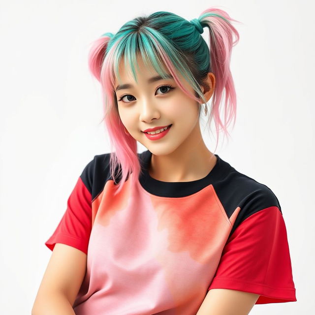 Beautiful Korean woman posing gracefully and attractively wearing a colorful t-shirt, with pink and green hair, styled in a hip-hop fashion, seated and facing the camera with a soft smile, set against a white background