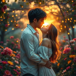 A romantic scene depicting a couple sharing a passionate kiss in a dreamy, enchanting garden filled with vibrant flowers and soft, glowing fairy lights