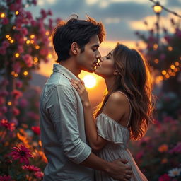 A romantic scene depicting a couple sharing a passionate kiss in a dreamy, enchanting garden filled with vibrant flowers and soft, glowing fairy lights