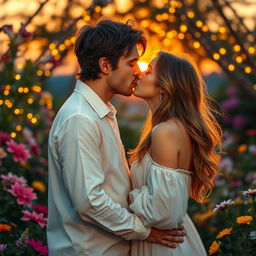 A romantic scene depicting a couple sharing a passionate kiss in a dreamy, enchanting garden filled with vibrant flowers and soft, glowing fairy lights