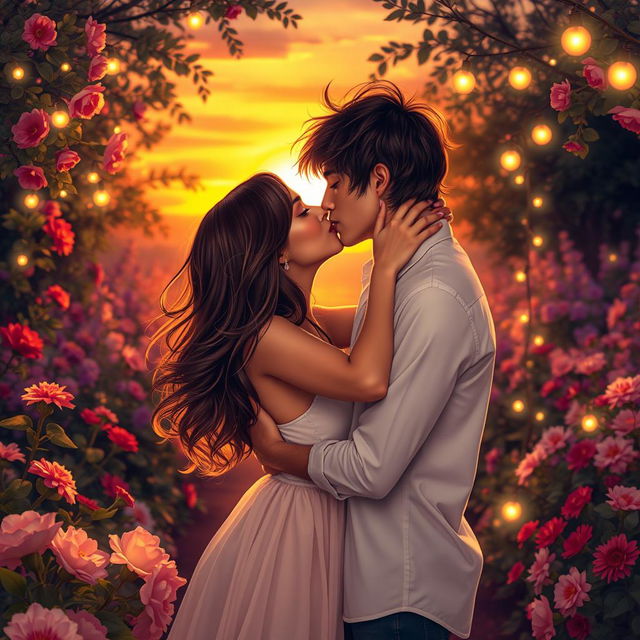 A romantic scene depicting a couple sharing a passionate kiss in a dreamy, enchanting garden filled with vibrant flowers and soft, glowing fairy lights