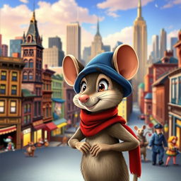 A charming anthropomorphic mouse named Fievel Mousekewitz, wearing a small blue hat and red scarf, looking determined as he stands against a vibrant backdrop of a bustling 19th-century New York City