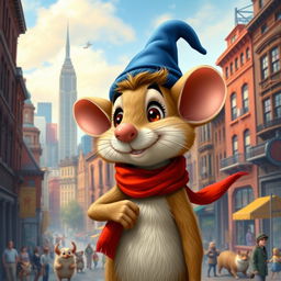 A charming anthropomorphic mouse named Fievel Mousekewitz, wearing a small blue hat and red scarf, looking determined as he stands against a vibrant backdrop of a bustling 19th-century New York City