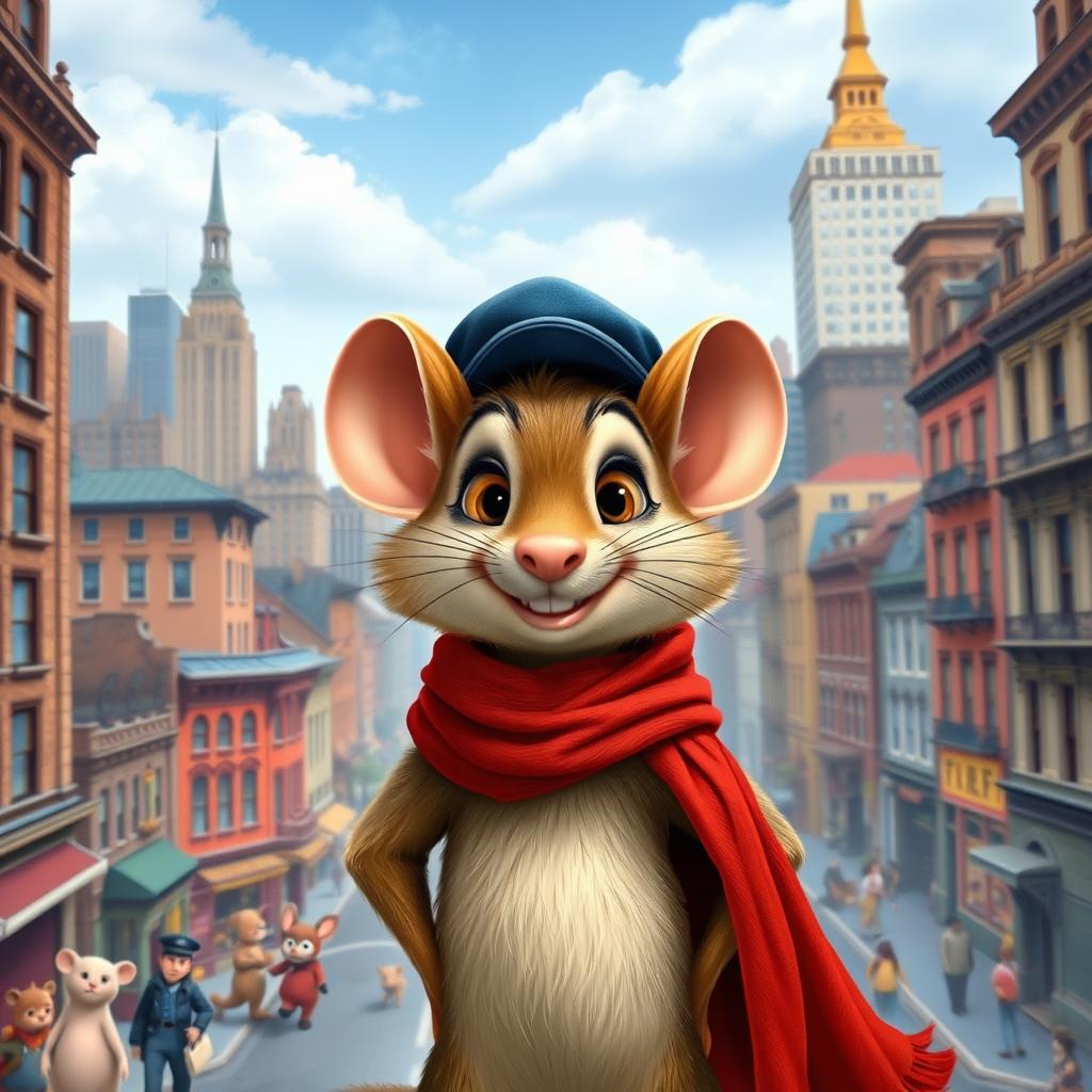 A charming anthropomorphic mouse named Fievel Mousekewitz, wearing a small blue hat and red scarf, looking determined as he stands against a vibrant backdrop of a bustling 19th-century New York City