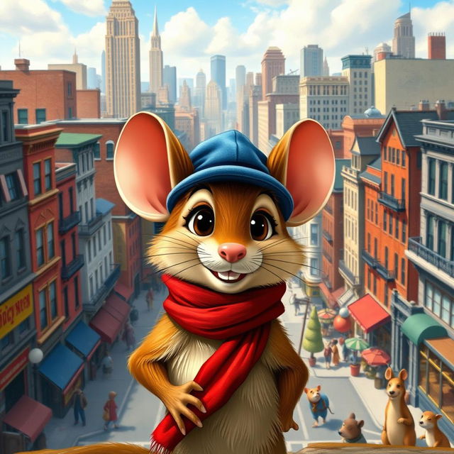 A charming anthropomorphic mouse named Fievel Mousekewitz, wearing a small blue hat and red scarf, looking determined as he stands against a vibrant backdrop of a bustling 19th-century New York City