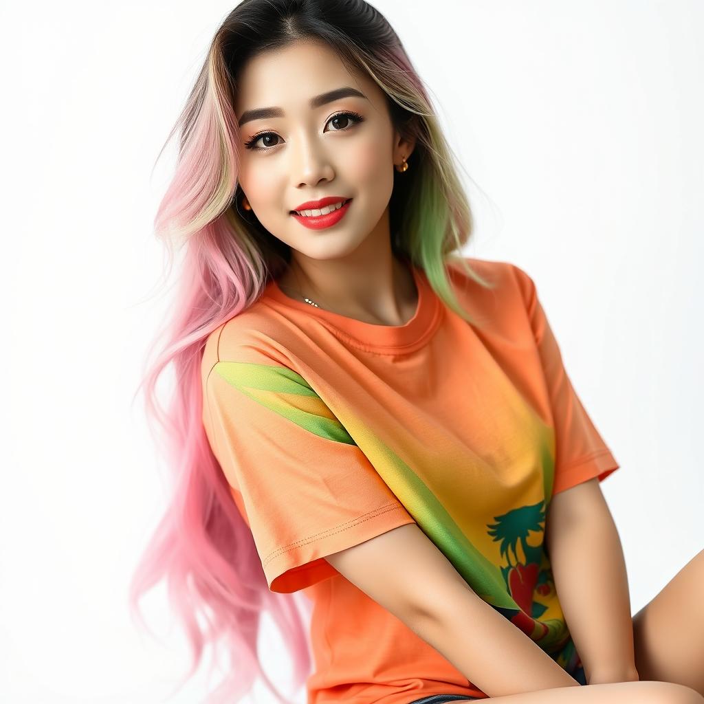 A beautiful Korean woman posing elegantly and attractively, wearing a colorful t-shirt, with long pink and green hair